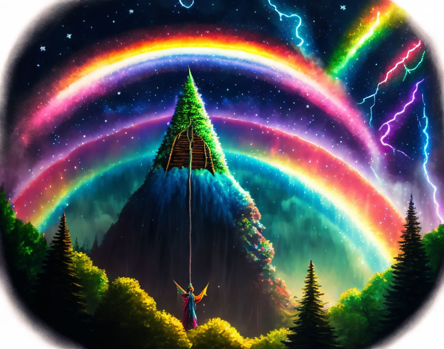 Figure with outstretched arms in vibrant mountain landscape with rainbows, lightning, and starry sky