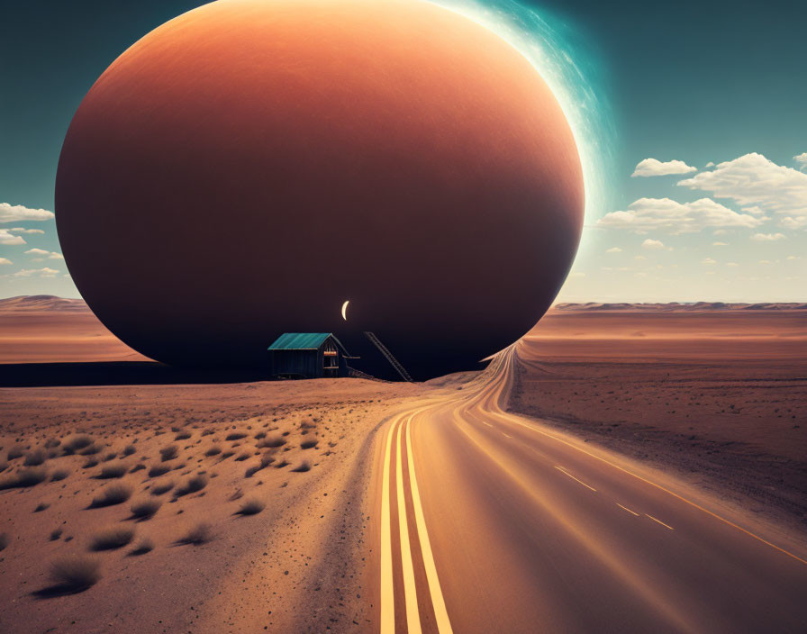 Giant Planet Over Desert Road and Solitary House