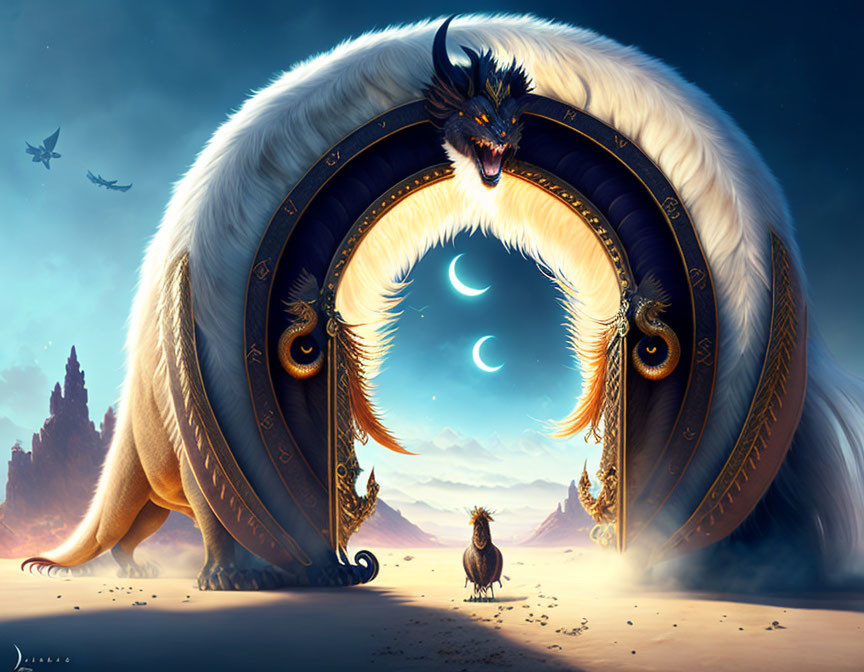 Mythical wolf-headed creature with golden horns and white fur at crescent moon gate in desert landscape