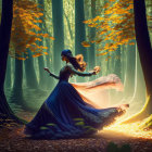 Woman in Blue Gown Surrounded by Trees in Sunlit Forest