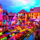 Luxurious resort with colorful lights, lush flowers, and tropical architecture at dusk