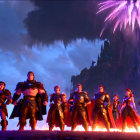 Animated Characters in Traditional Armor Watch Night Sky Fireworks