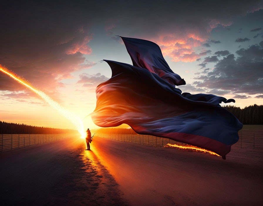 Person holding large flag at sunset with fiery sky trail