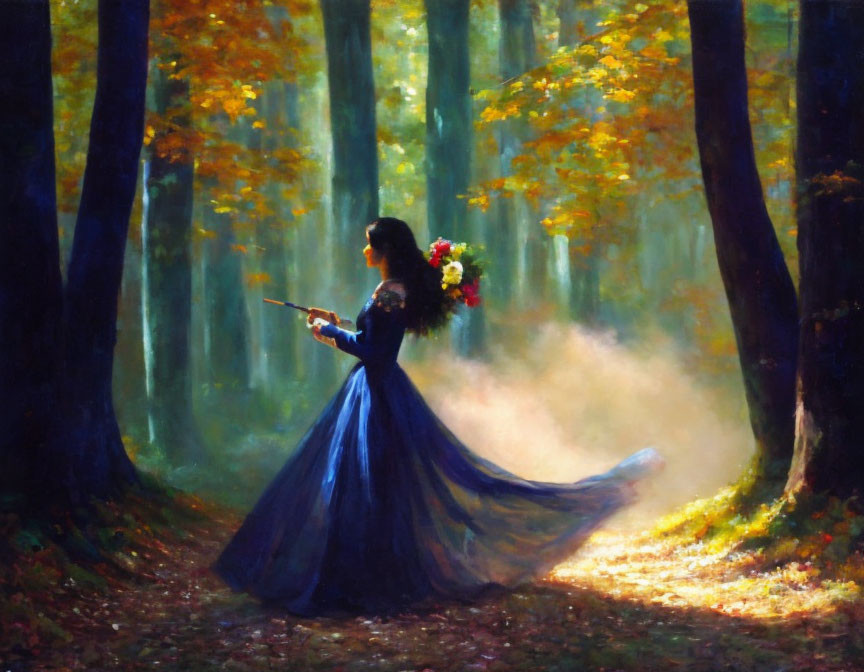 Woman in Blue Gown Surrounded by Trees in Sunlit Forest