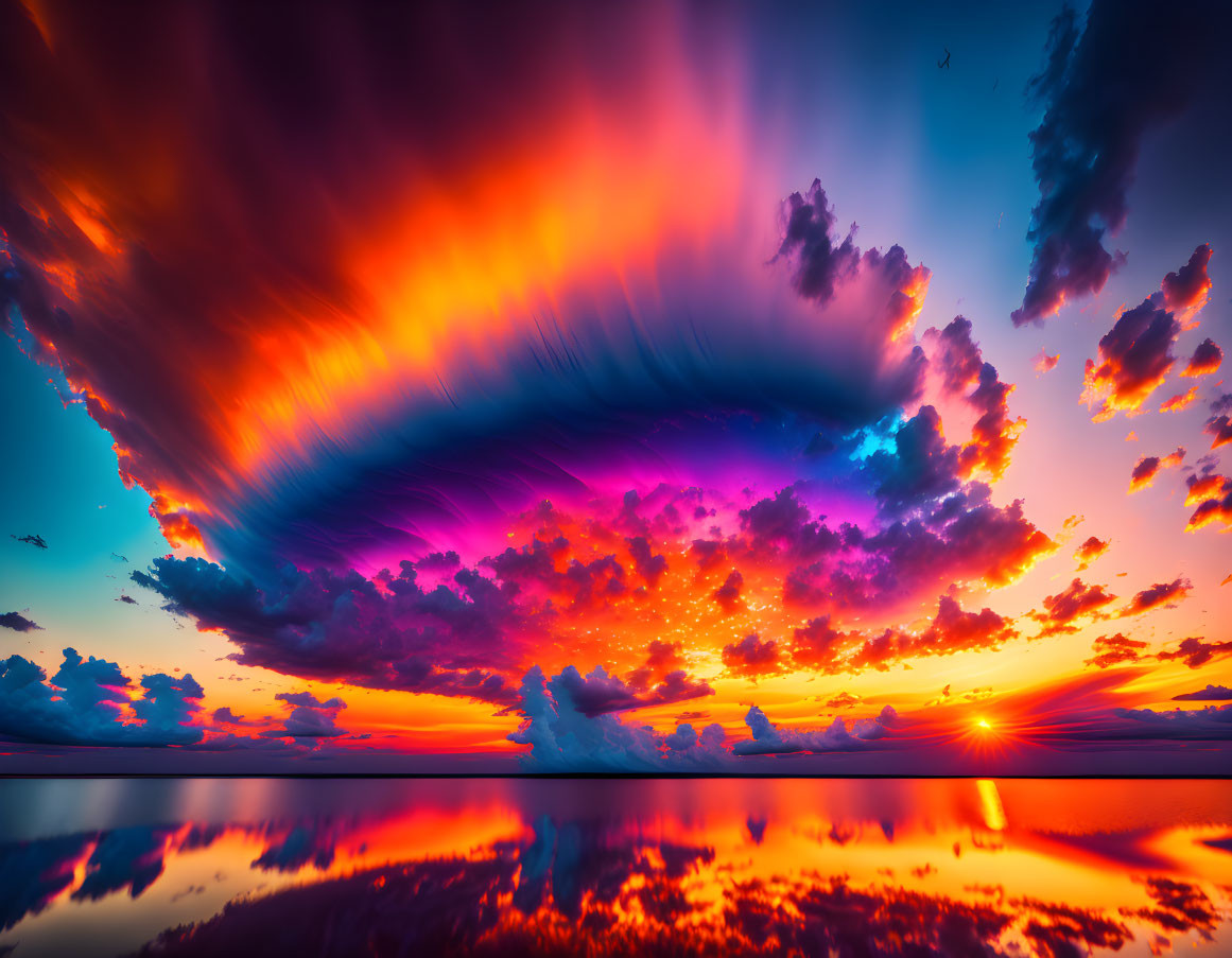 Dramatic sunset with colorful clouds reflecting over calm water