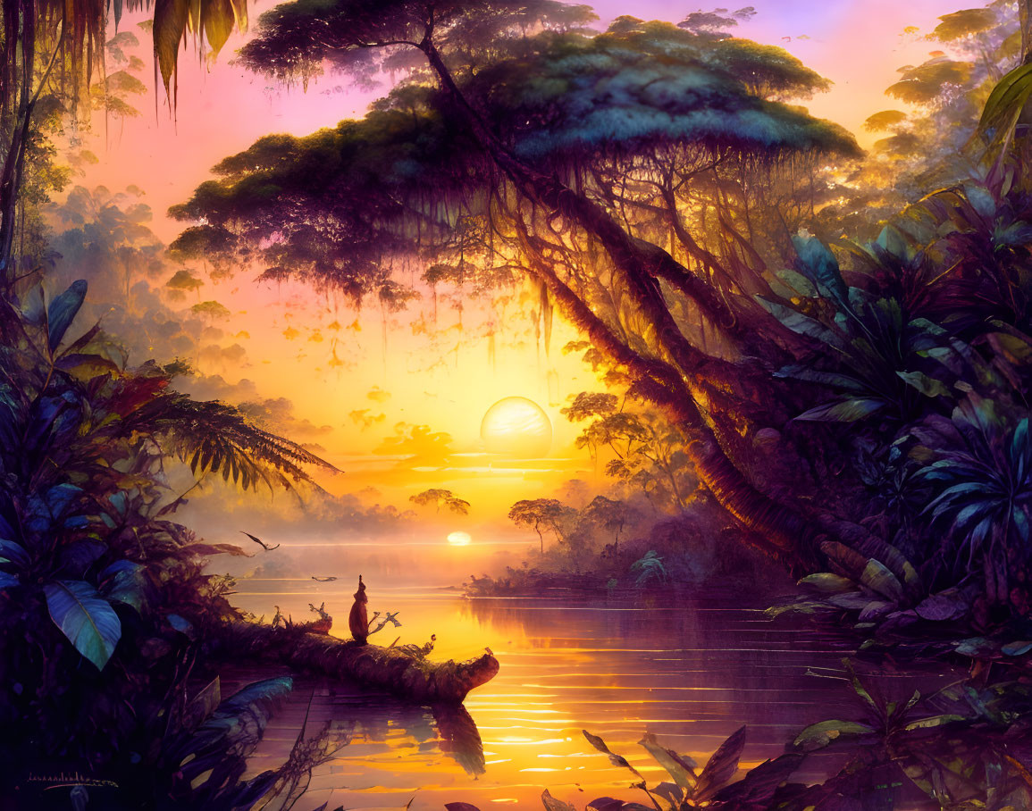 Serene jungle sunrise digital artwork with reflective river