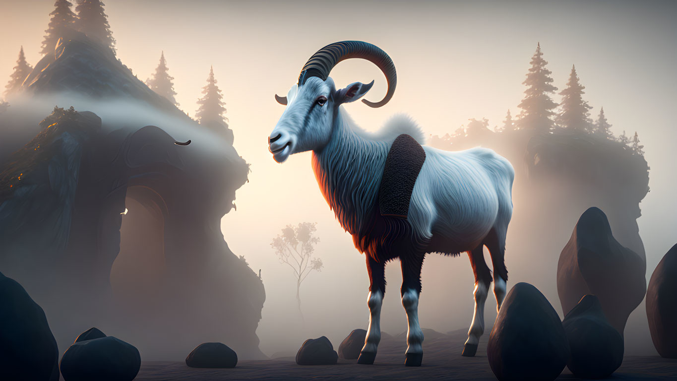 Mountain goat on rocky terrain with misty forested mountains and glowing light.