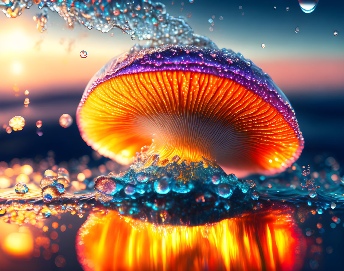 Vibrant color-enhanced jellyfish in water with air bubbles at sunset