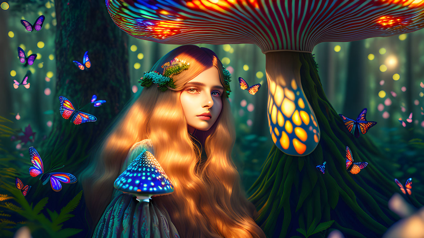 Woman's portrait in enchanted forest with luminous mushrooms and butterflies