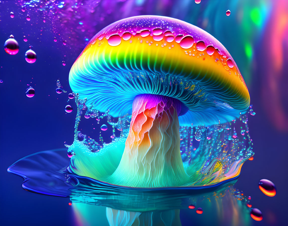 Colorful digital artwork: Jellyfish with iridescent hues and water droplets on multicolored