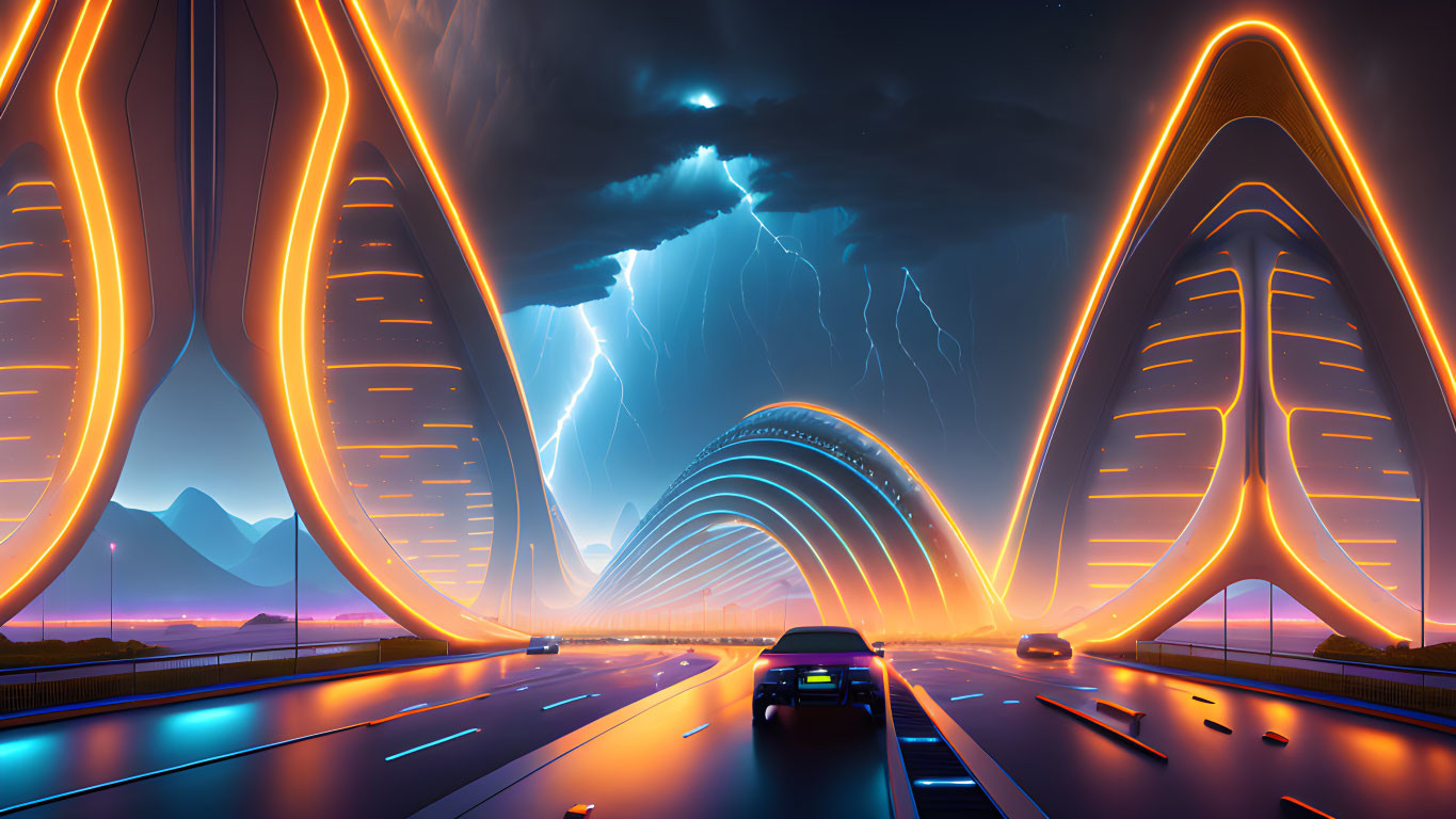 Glowing orange curves on futuristic highway under stormy sky