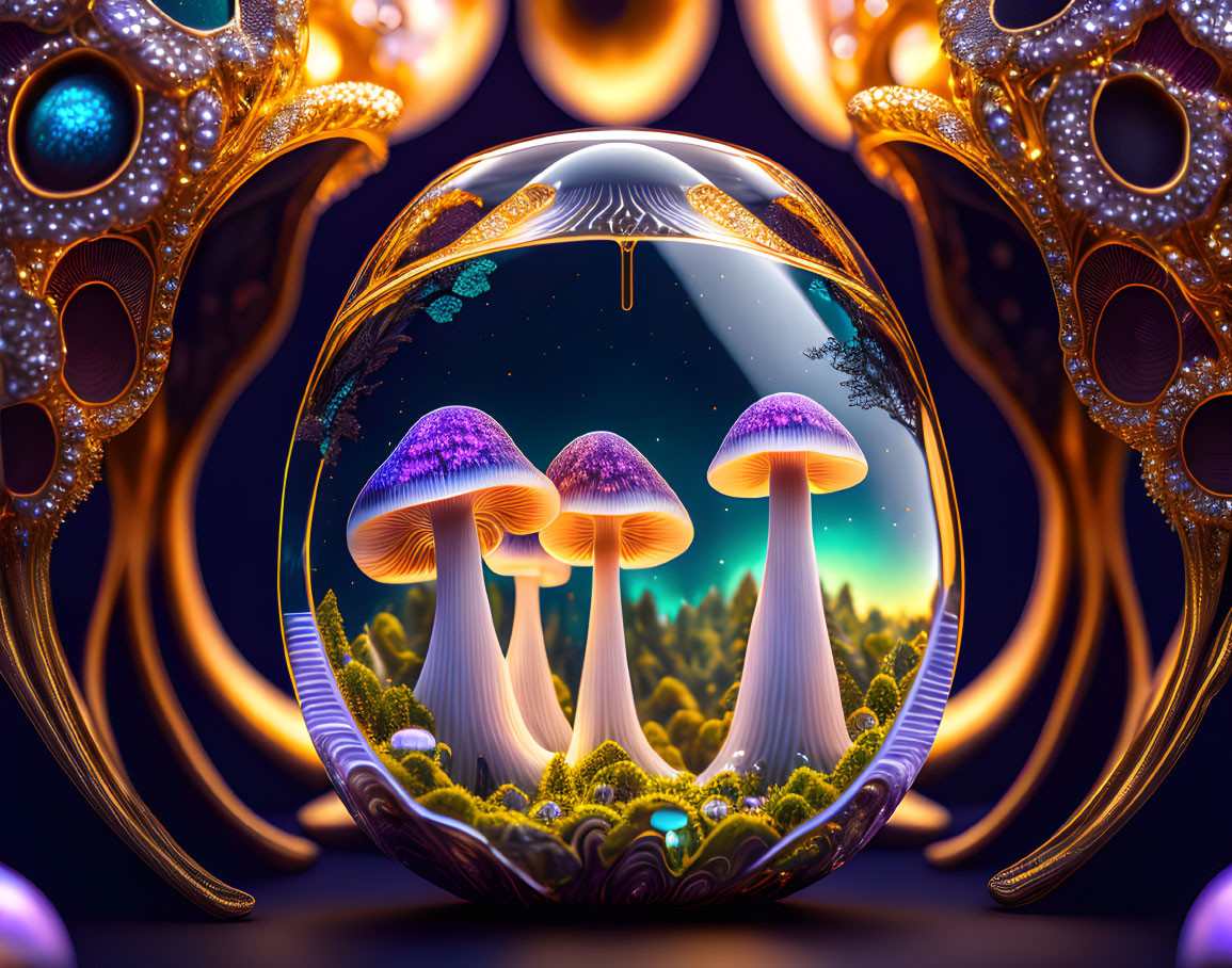 Surreal digital artwork: Glowing mushrooms in crystal ball with golden structures