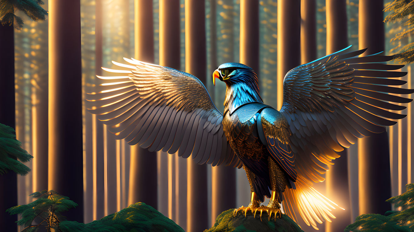 Majestic eagle with outstretched wings in forest sunlight