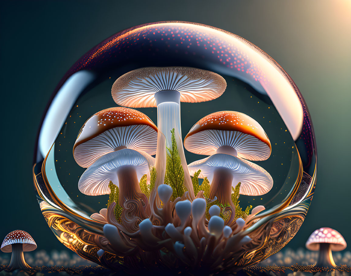 Luminescent Mushroom Cluster in Translucent Bubble on Dusky Background