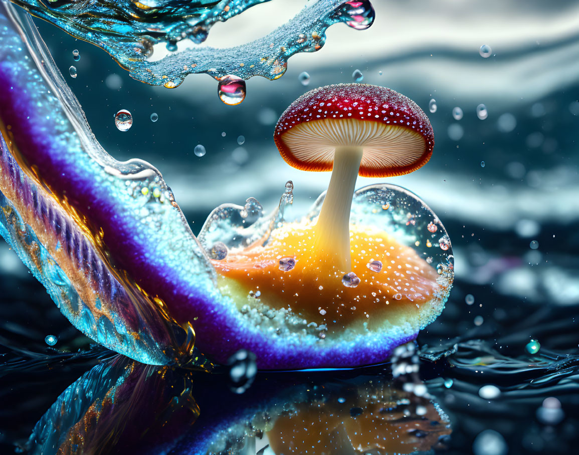 Colorful digital artwork: Mushroom in water with abstract swirls