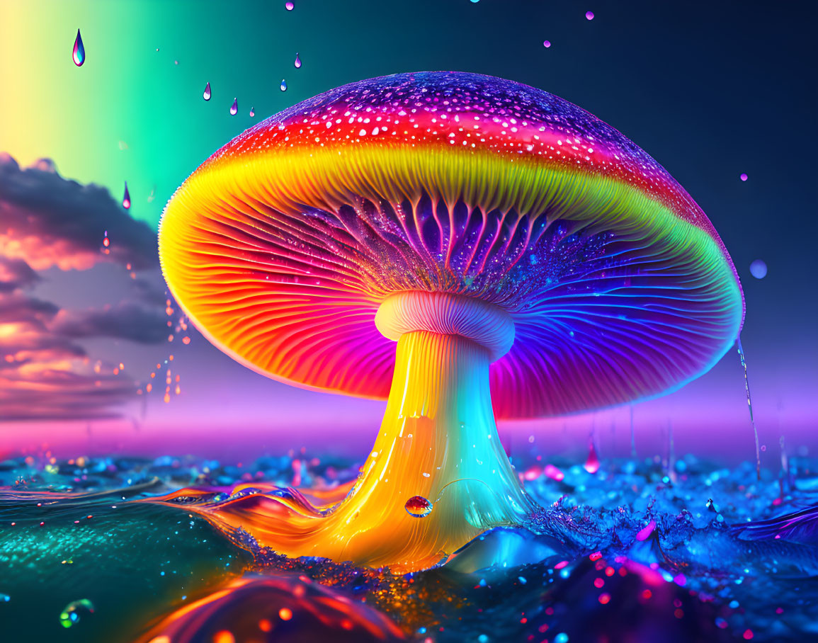 Colorful Neon Mushroom Artwork Against Surreal Sunset Sky