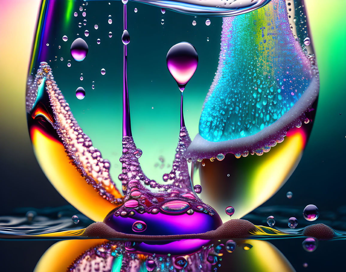 Vibrant macro image of water droplets in dynamic splash on colorful backdrop