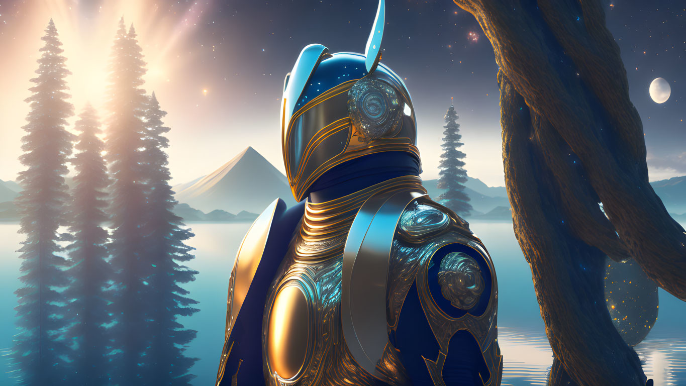 Futuristic knight in blue and gold armor admires night landscape with pine trees, lake, and