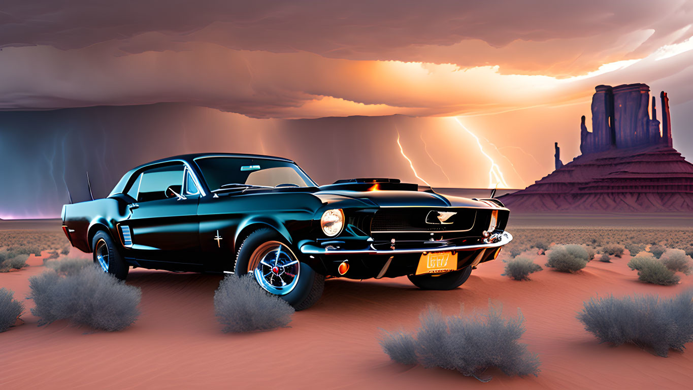 Vintage muscle car with racing stripes in desert sunset with lightning