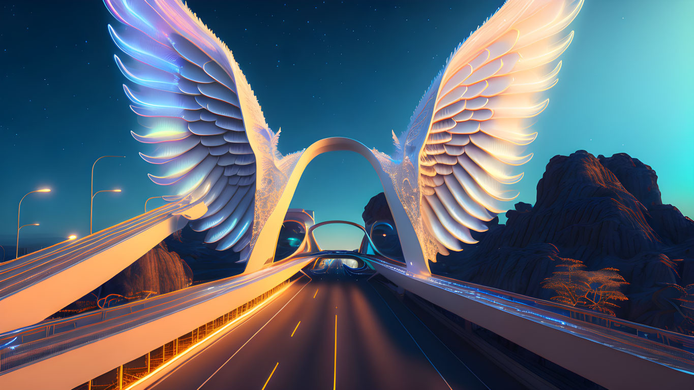 Fantastical bridge with illuminated wings in night sky surrounded by mountains and streetlamps.