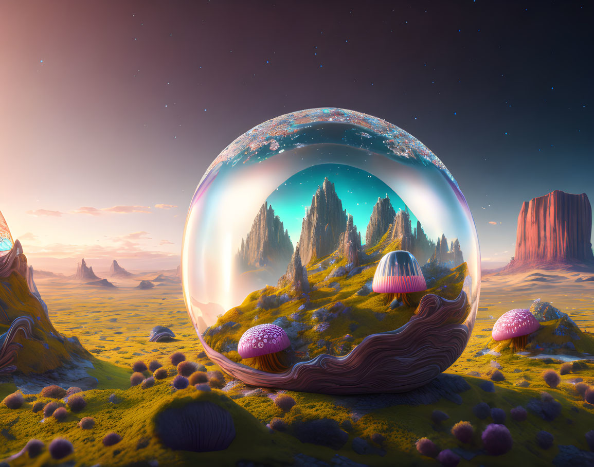 Surreal landscape with reflective sphere, mountains, starry sky, and mushroom-like structures.