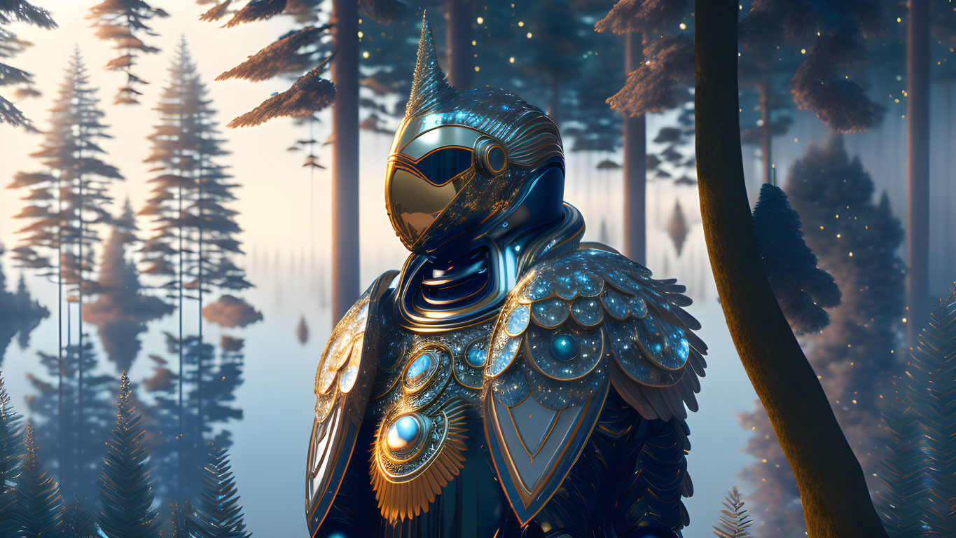 Futuristic owl-like armored figure in misty forest with tall pine trees