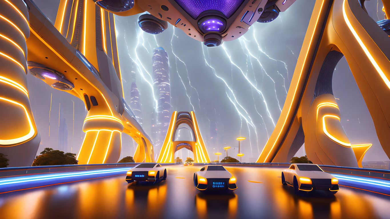 Futuristic cityscape with flying saucer-like architecture and flying cars amidst lightning strikes