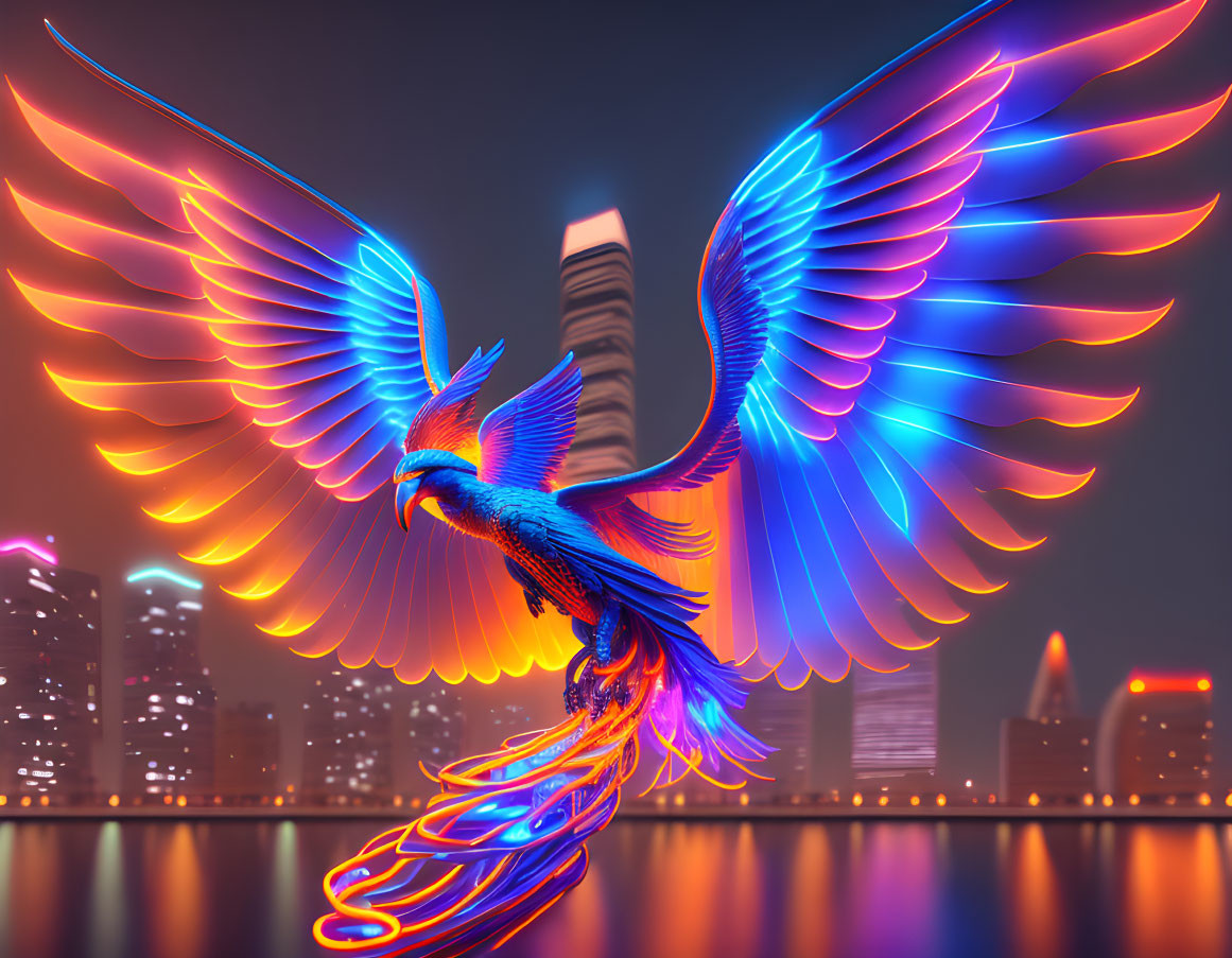 Neon-lit bird with extended wings flying over cityscape at dusk