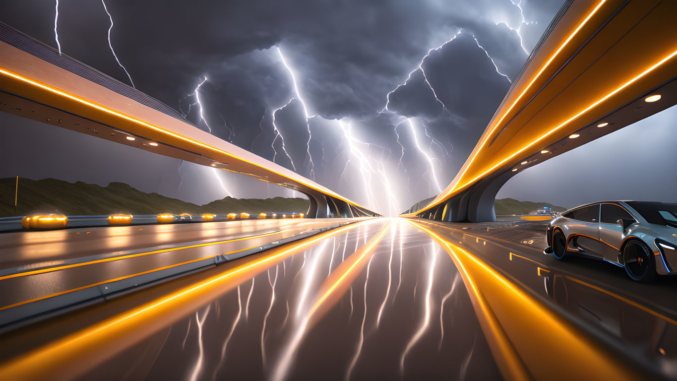 Futuristic highway with glowing edges and autonomous car under stormy sky