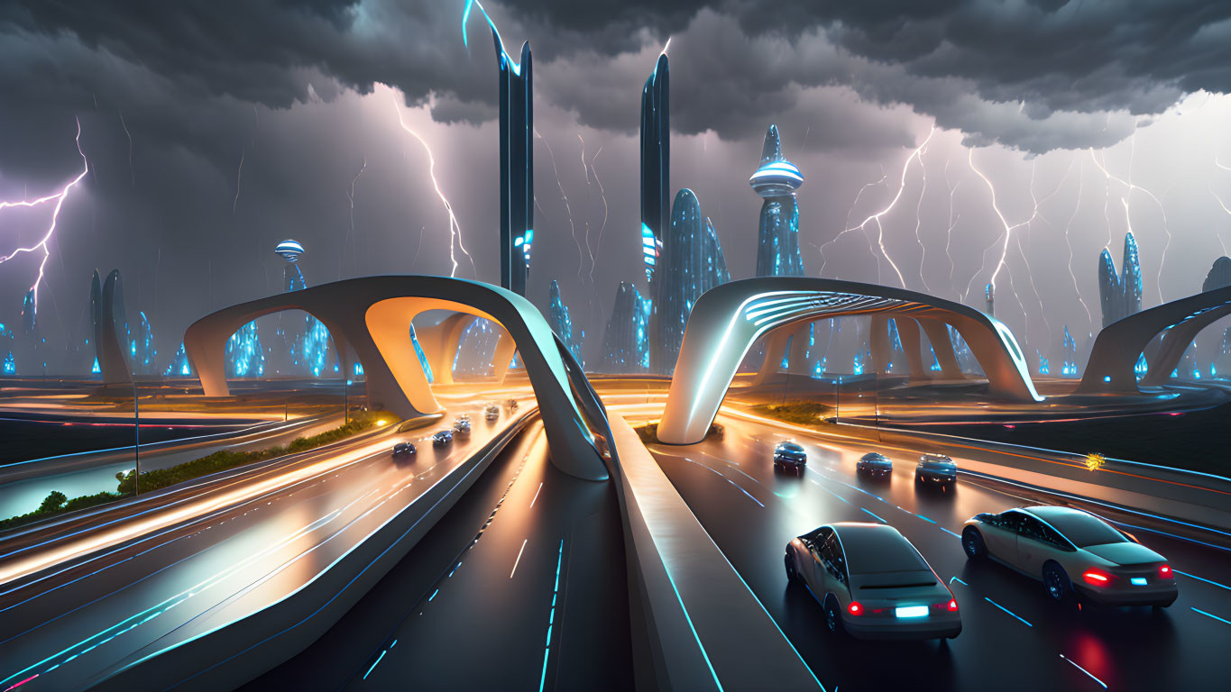 Futuristic cityscape with sleek vehicles and lightning storm.