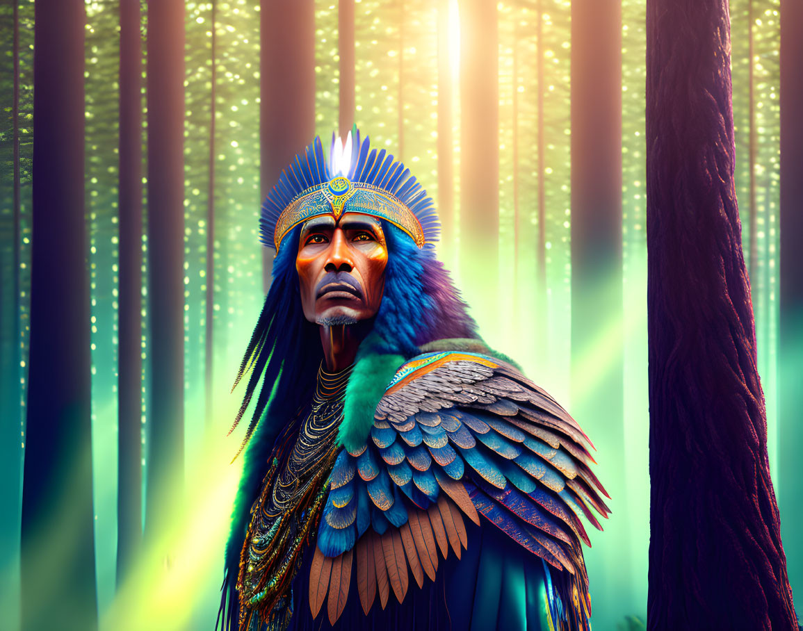 Native American person in ornate headdress and feathered garments in forest with light beams