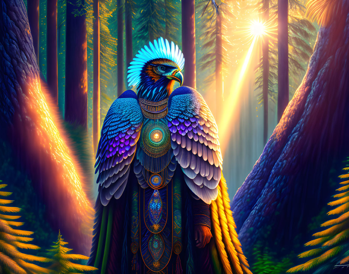 Eagle-human hybrid in armor, forest setting with sunlight rays