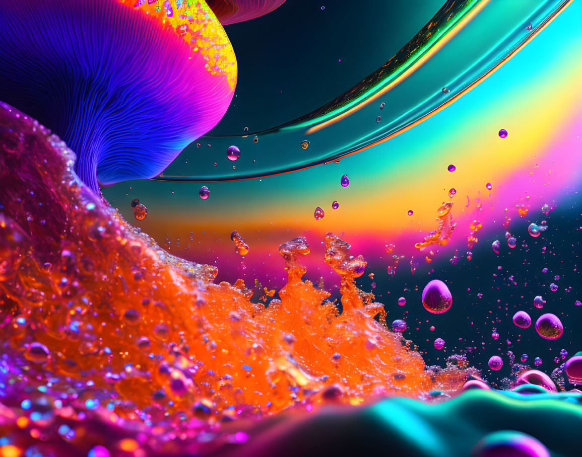 Surreal landscape with flowing liquids and iridescent colors