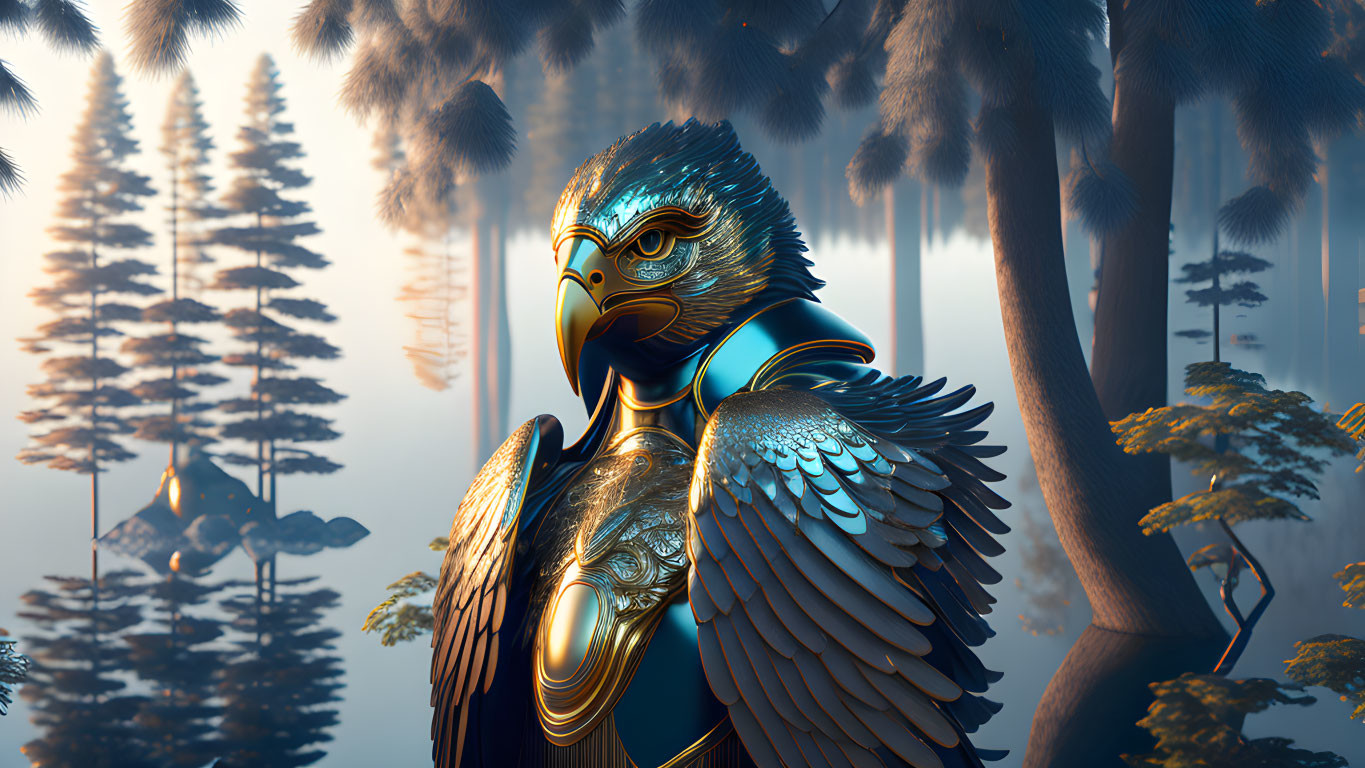 Majestic robotic eagle in misty forest with metallic feathers