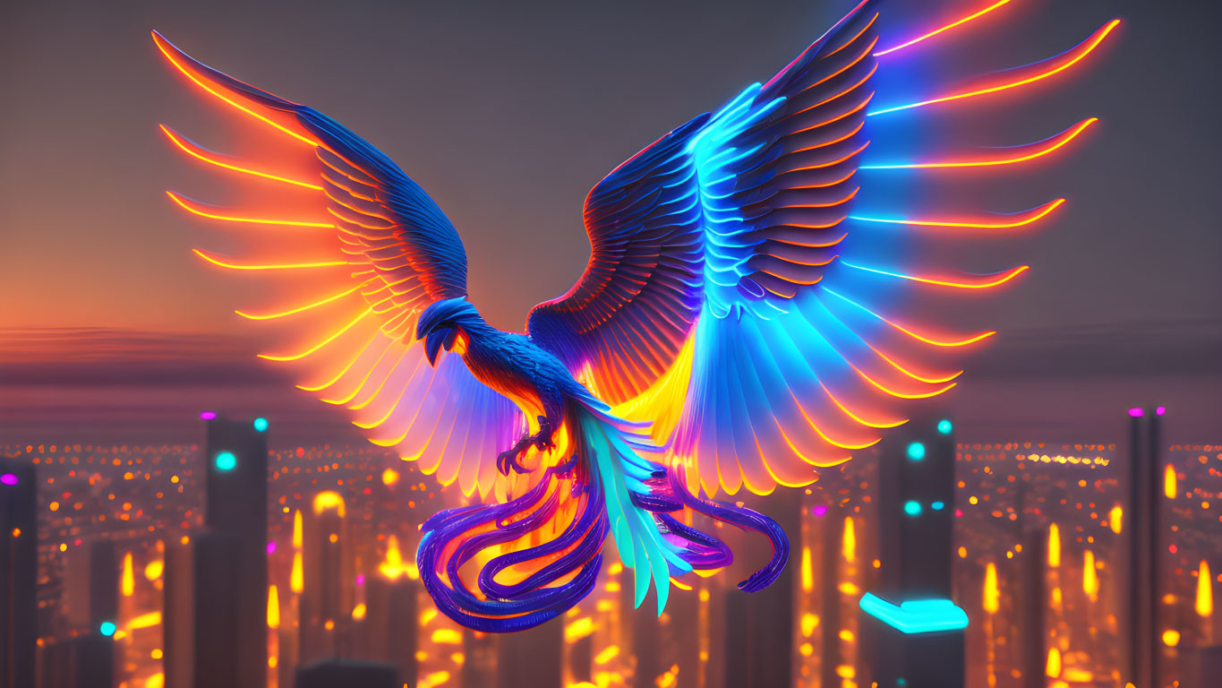 Vibrant digital art: Phoenix with luminous wings over futuristic cityscape