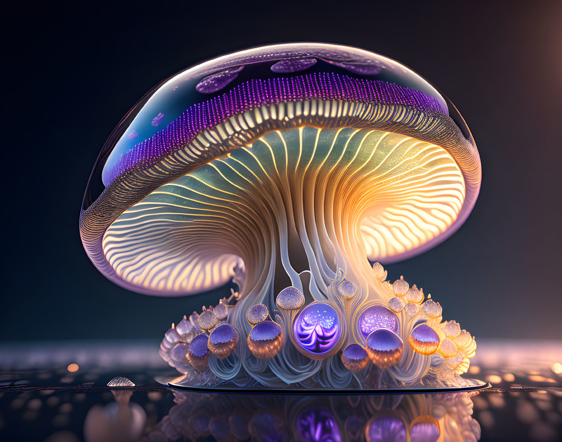 Fantastical bioluminescent mushroom artwork with glowing orbs.