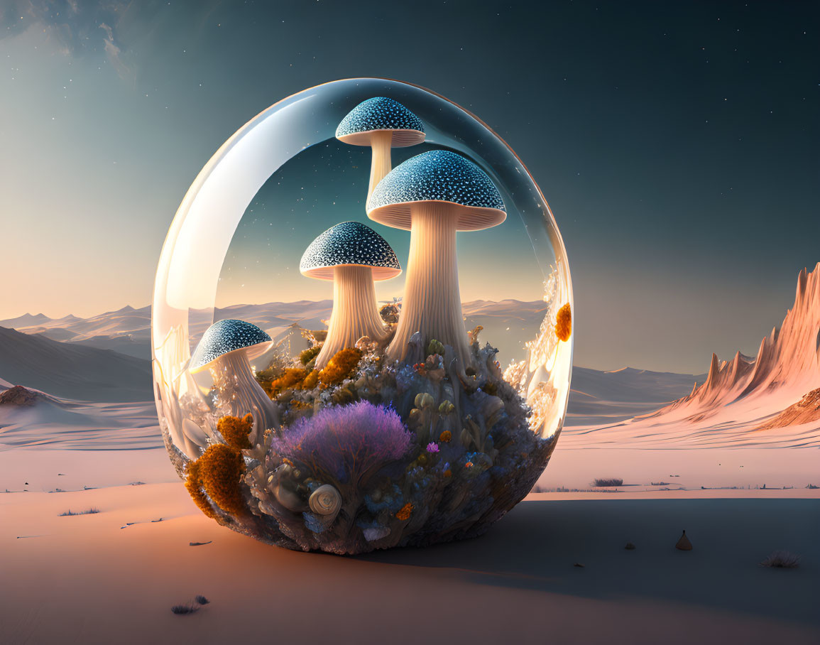 Fantastical landscape with glowing mushrooms in transparent sphere desert setting