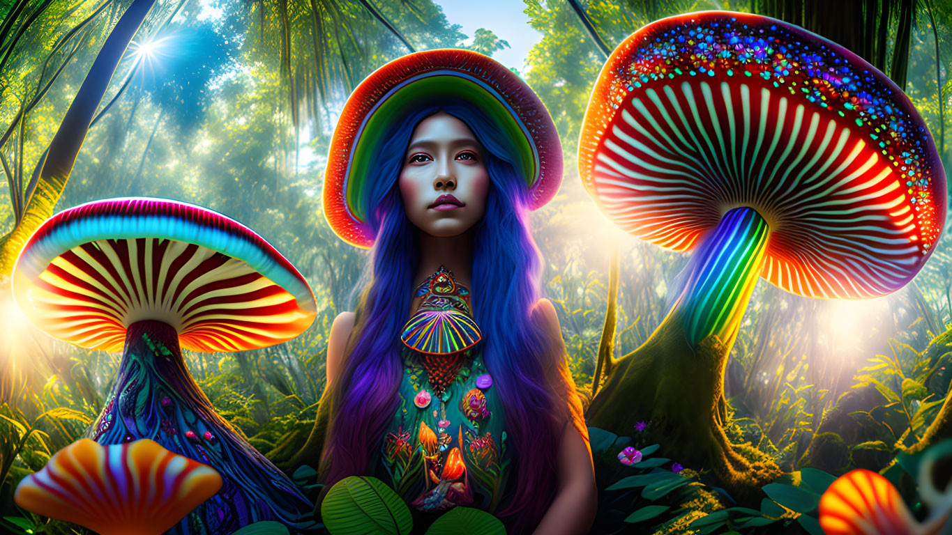 Ethereal woman in vibrant, mystical forest with oversized, colorful mushrooms