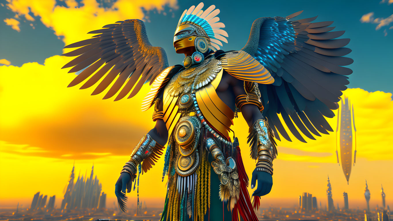 Humanoid Figure with Eagle Wings in Futuristic City Sunset Skyline