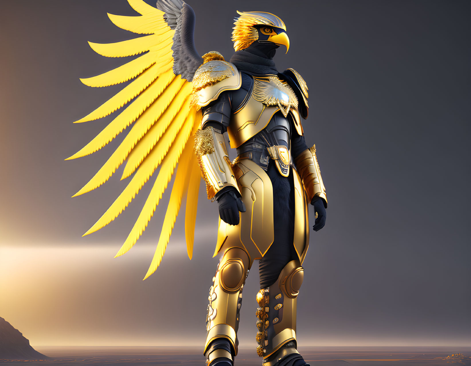 Armored eagle-headed figure with golden wings in heroic stance against sunset.