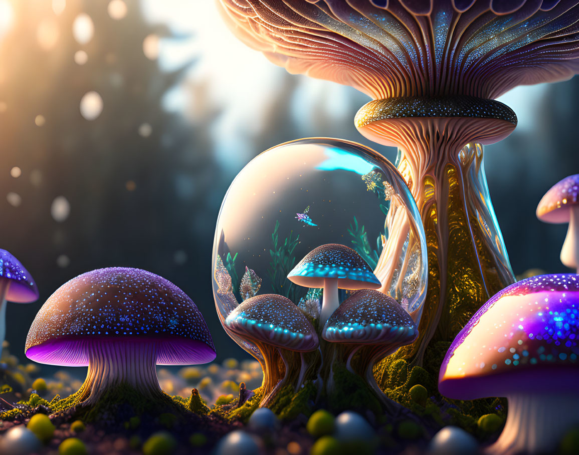 Whimsical forest scene with oversized iridescent mushrooms and aquatic ecosystem in a transparent bubble.