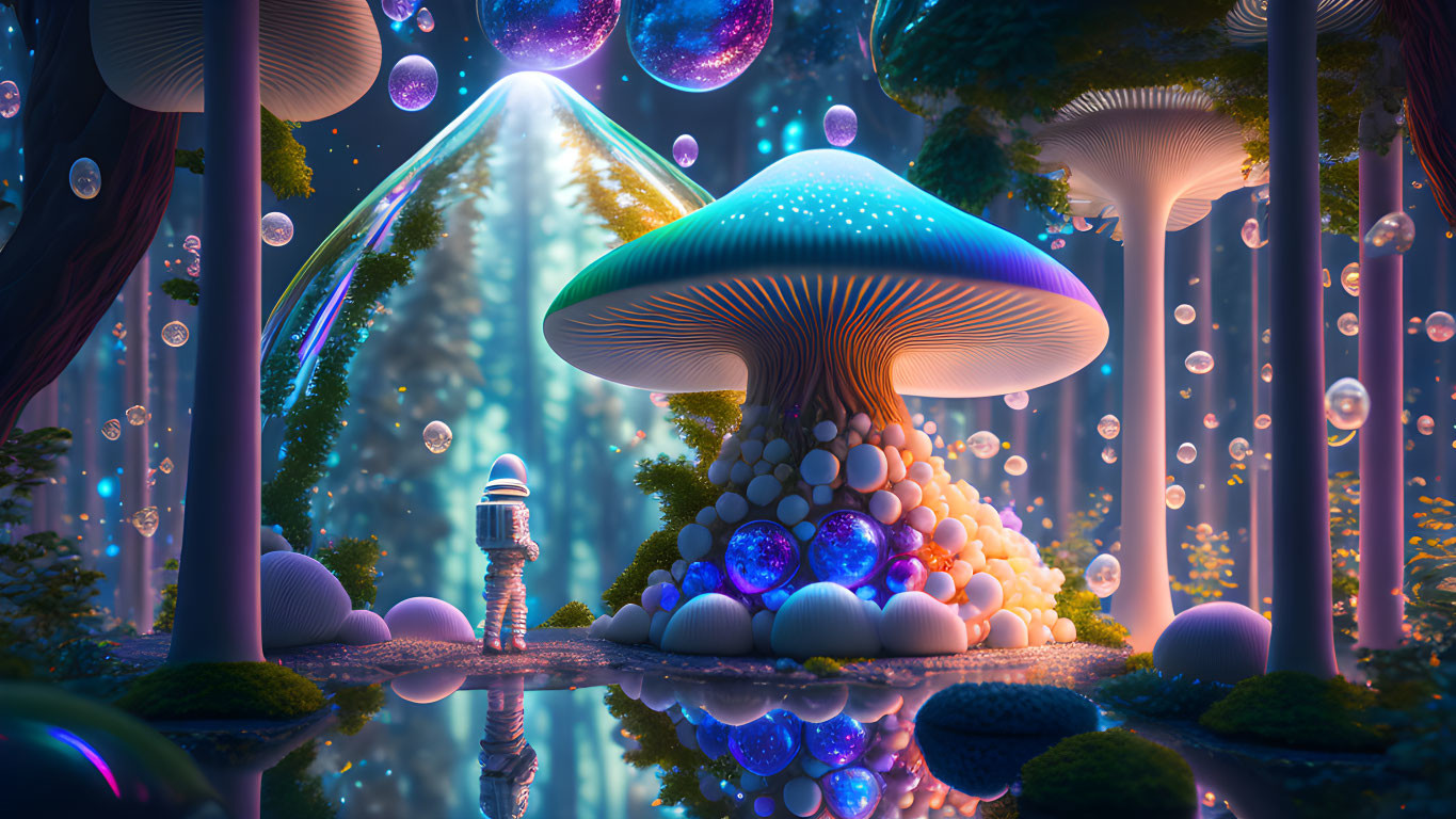 Enchanting forest with oversized mushrooms and glowing bubbles