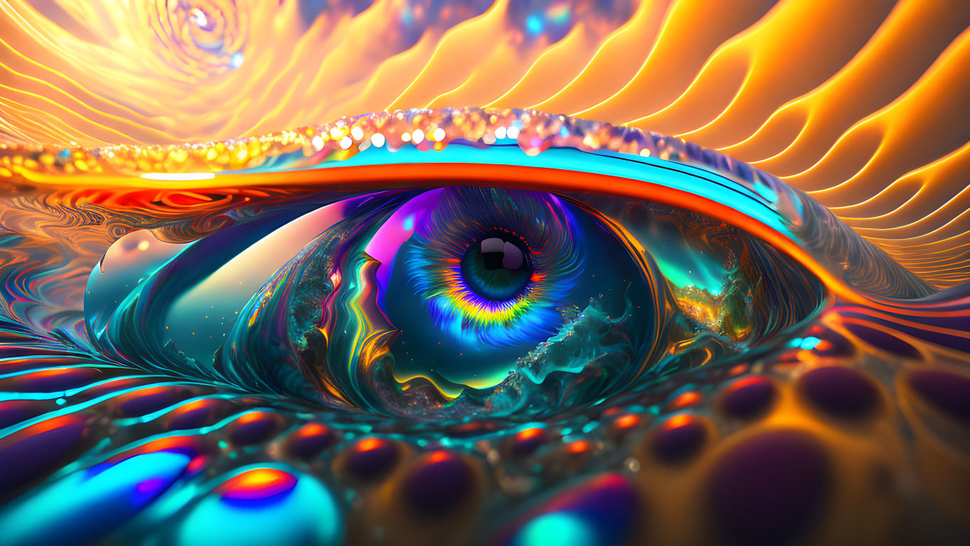 Hyper-realistic eye surrounded by swirling iridescent patterns