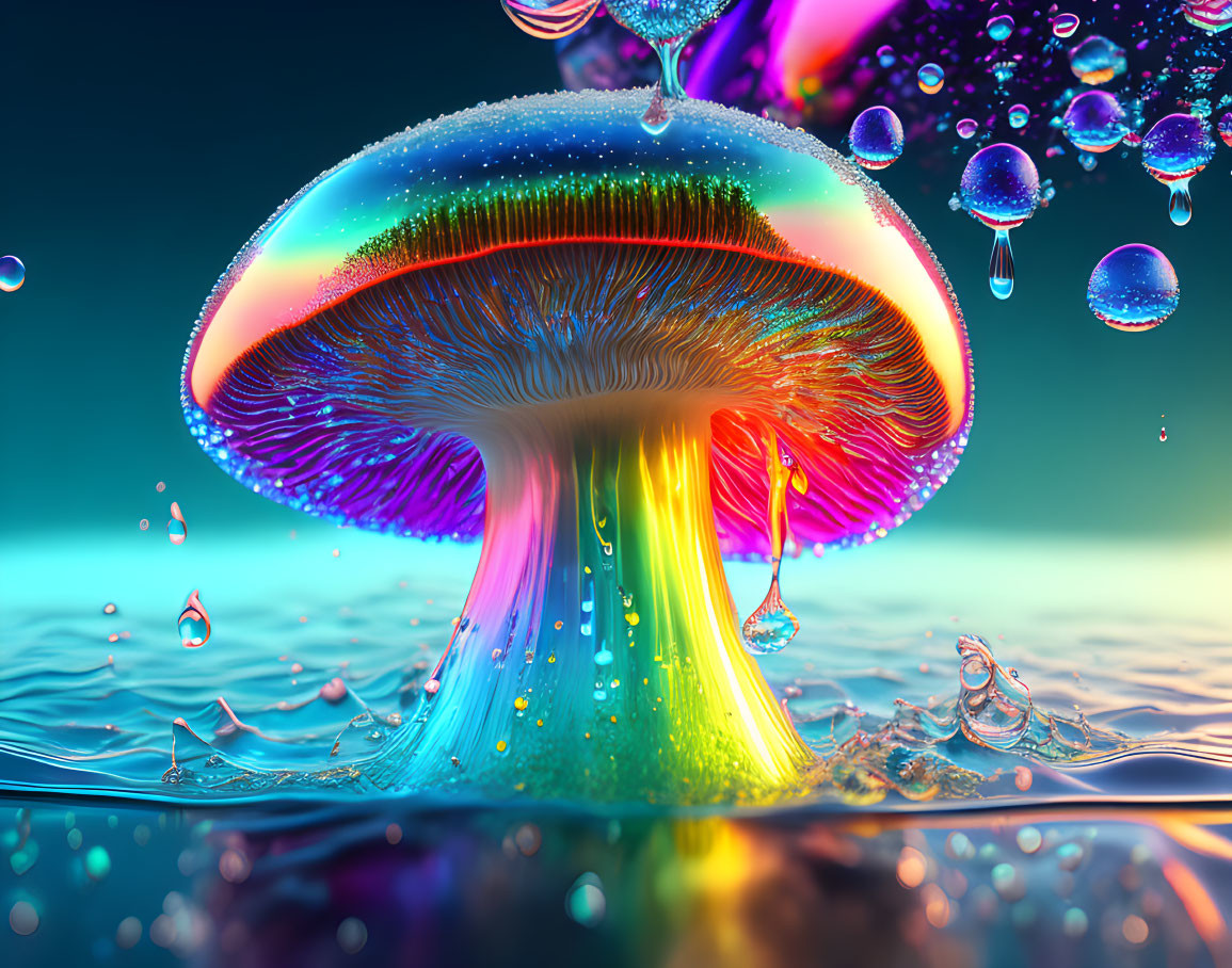 Colorful iridescent mushroom with luminous underbelly against surreal backdrop