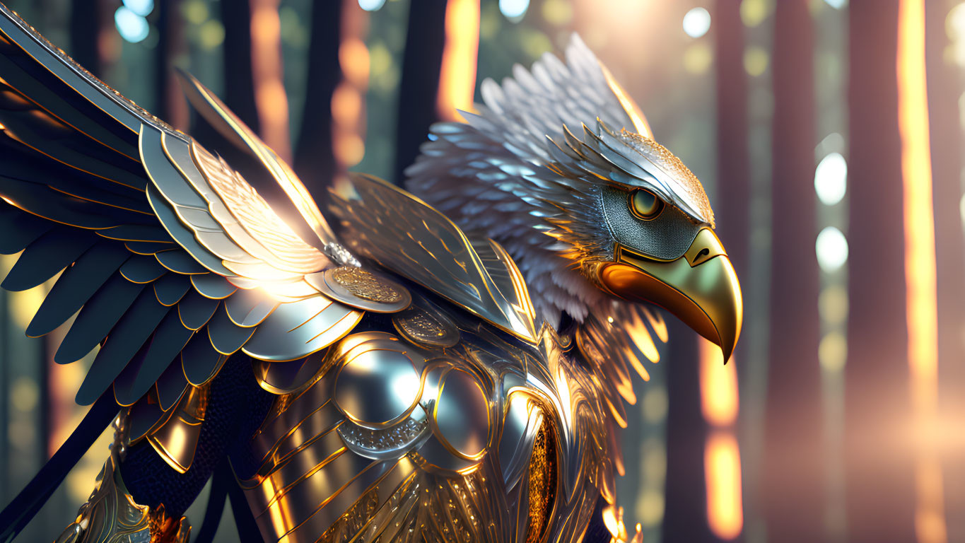 Mechanical eagle with golden plating and gears in forest light