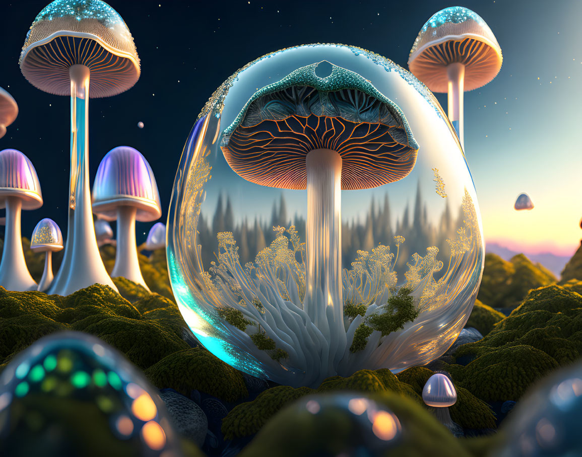 Surreal landscape featuring giant luminescent mushrooms and tiny forests under twilight sky