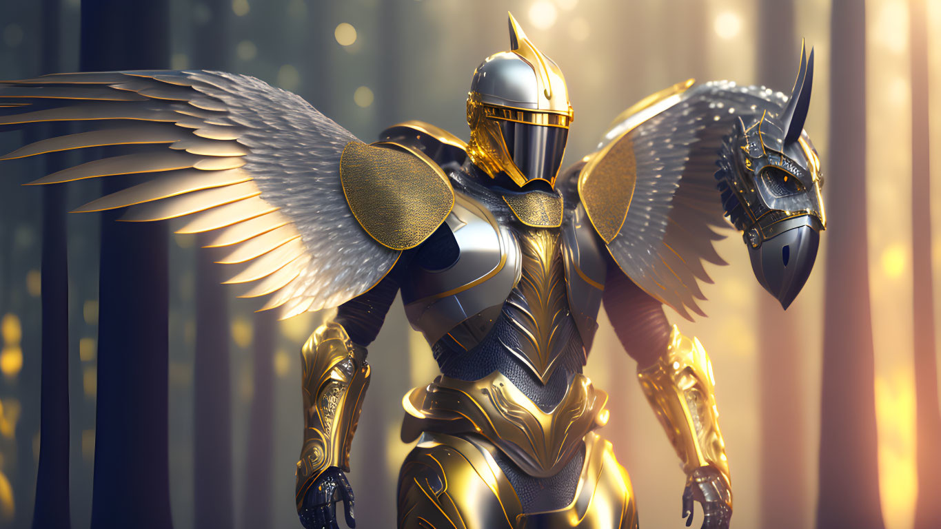 Knight in Golden Armor with Winged Helmet in Digital Art