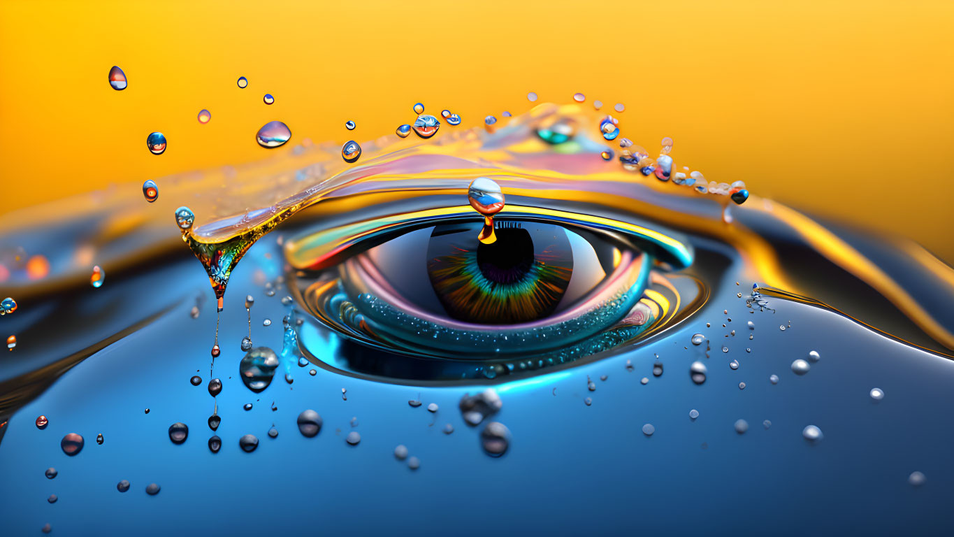 Vivid digital artwork: hyper-realistic eye with water droplets on orange-yellow backdrop