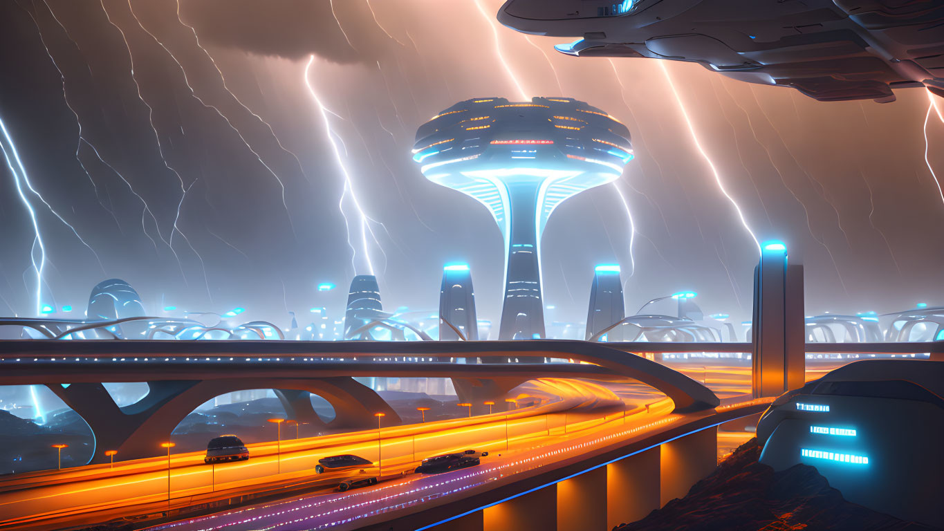 Futuristic cityscape in thunderstorm with illuminated roads, skyscrapers, and flying vehicles.