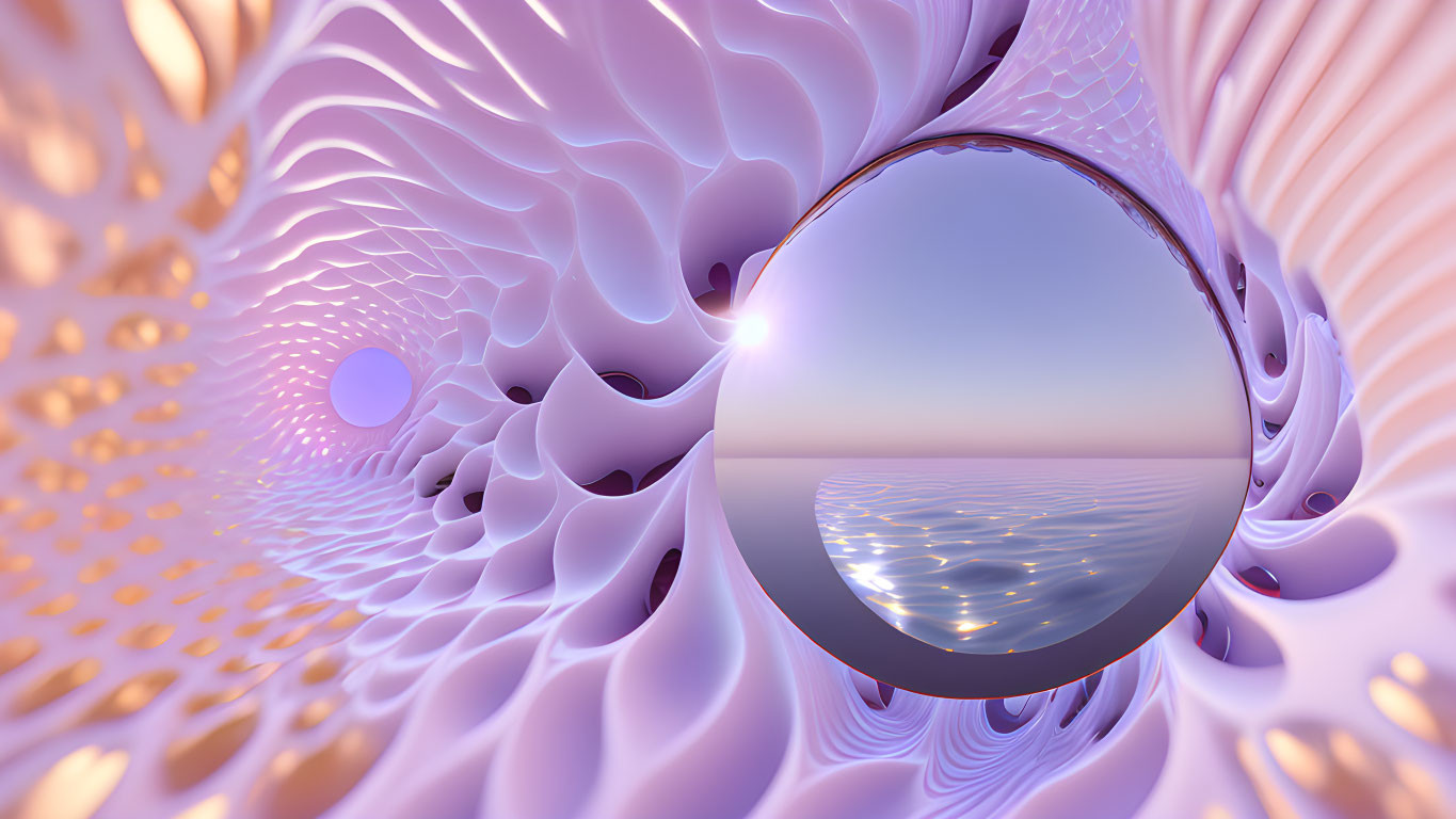 Surreal 3D rendering: Reflective sphere, ocean scene, fractal designs in violet